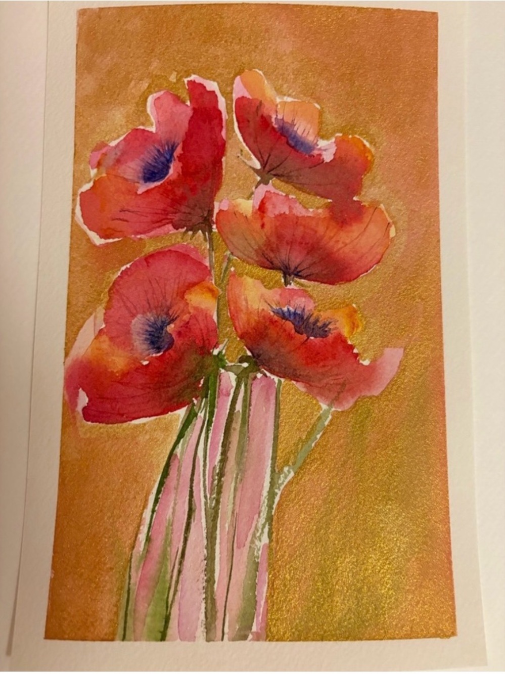 Original Red Poppy Watercolor Painting Metallic Gold Shimmer 6x9